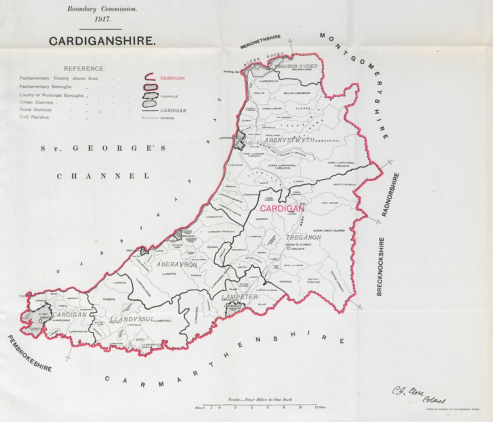 Cardiganshire Parliamentary County. Wales. BOUNDARY COMMISSION. Close 1917 map